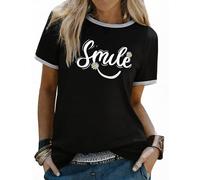 Aottori T-Shirt Damen Rundhals Kurzarm Locker Sommer Smile Print Schwarz L
