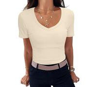 Aottori T-Shirt Damen V-Ausschnitt Gerippt Basic Top Kurzarm Sommer | Rippshirt, Oberteile, Slim Fit, Stretch, Eng, Elegant, Casual, Einfarbig, für Alltag Freizeit Büro