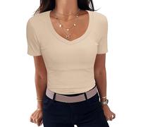 Aottori T-Shirt Damen V-Ausschnitt Gerippt Basic Top Kurzarm Sommer | Rippshirt, Oberteile, Slim Fit, Stretch, Eng, Elegant, Casual, Einfarbig, für Alltag Freizeit Büro