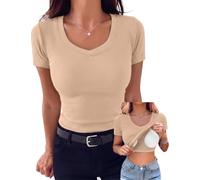 Aottori T-Shirt Damen V-Ausschnitt mit integriertem BH Basic Top Gerippt | Oberteile Kurzarm, Rippshirt, Stretch, Slim Fit, Casual, Elegant, für Sommer Alltag Freizeit