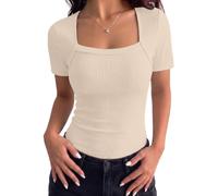 Aottori T Tshirt Damen Eckiger Ausschnitt Gerippt Kurzarm Figurbetont Basic | Rippshirt, Stretch, Slim Fit, Oberteil, Einfarbig, Elegant, Casual, Sommer, Top