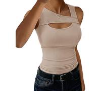 Aottori Top Damen Asymmetrischer Ausschnitt Oberteile Sommer Slim Fit Basic Tanktop Breite Träger Stretch Rippshirt Ärmellos Sport Einfarbig Beige XL