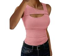 Aottori Top Damen Asymmetrischer Ausschnitt Oberteile Sommer Slim Fit Basic Tanktop Breite Träger Stretch Rippshirt Ärmellos Sport Einfarbig Rosa XL