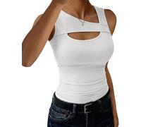 Aottori Top Damen Asymmetrischer Ausschnitt Oberteile Sommer Slim Fit Basic Tanktop Breite Träger Stretch Rippshirt Ärmellos Sport Einfarbig Weiß XL