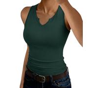 Aottori Top Damen V-Ausschnitt Oberteile Sommer Slim Fit Basic Tanktop Breite Träger Stretch Rippshirt Ärmellos Sport Einfarbig Grün XXL