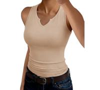 Aottori Top Damen V-Ausschnitt Oberteile Sommer Slim Fit Basic Tanktop Breite Träger Stretch Rippshirt Ärmellos Sport Einfarbig Beige XL