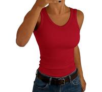 Aottori Top Damen V-Ausschnitt Tanktop Gerippt Sexy Unterhemd Stretch Slim Fit Rippshirt Ärmellos Casual Einfarbig Rot S