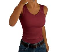 Aottori Top Damen V-Ausschnitt Tanktop Gerippt Sexy Unterhemd Stretch Slim Fit Rippshirt Ärmellos Casual Einfarbig Weinrot XS