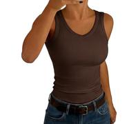 Aottori Top Damen V-Ausschnitt Tanktop Gerippt Sexy Unterhemd Stretch Slim Fit Rippshirt Ärmellos Casual Einfarbig Braun S