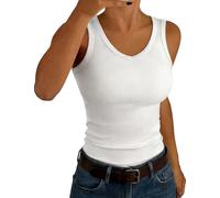 Aottori Top Damen V-Ausschnitt Tanktop Gerippt Sexy Unterhemd Stretch Slim Fit Rippshirt Ärmellos Casual Einfarbig Weiß S