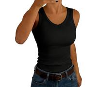 Aottori Top Damen V-Ausschnitt Tanktop Gerippt Sexy Unterhemd Stretch Slim Fit Rippshirt Ärmellos Casual Einfarbig Schwarz L