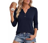 Aottori Tshirt Damen 3/4 Arm Henley Oberteil mit Knopfleiste Locker | V Ausschnitt, Baumwolle, Sommer Top, Basic Shirts, Bluse Frauen, Loose Fit, Basic, Casual, Modern Elegant, Einfarbig, Stretch