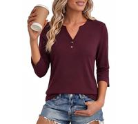 Aottori Tshirt Damen 3/4 Arm Henley Oberteil mit Knopfleiste Locker | V Ausschnitt, Baumwolle, Sommer Top, Basic Shirts, Bluse Frauen, Loose Fit, Basic, Casual, Modern Elegant, Einfarbig, Stretch