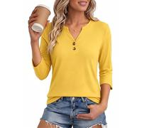 Aottori Tshirt Damen 3/4 Arm Henley Oberteil mit Knopfleiste Locker | V Ausschnitt, Baumwolle, Sommer Top, Basic Shirts, Bluse Frauen, Loose Fit, Basic, Casual, Modern Elegant, Einfarbig, Stretch