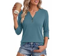 Aottori Tshirt Damen 3/4 Arm Henley Oberteil mit Knopfleiste Locker | V Ausschnitt, Baumwolle, Sommer Top, Basic Shirts, Bluse Frauen, Loose Fit, Basic, Casual, Modern Elegant, Einfarbig, Stretch