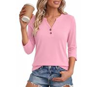 Aottori Tshirt Damen 3/4 Arm Henley Oberteil mit Knopfleiste Locker | V Ausschnitt, Baumwolle, Sommer Top, Basic Shirts, Bluse Frauen, Loose Fit, Basic, Casual, Modern Elegant, Einfarbig, Stretch