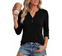 Aottori Tshirt Damen 3/4 Arm Henley Oberteil mit Knopfleiste Locker | V Ausschnitt, Baumwolle, Sommer Top, Basic Shirts, Bluse Frauen, Loose Fit, Basic, Casual, Modern Elegant, Einfarbig, Stretch