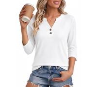 Aottori Tshirt Damen 3/4 Arm Henley Oberteil mit Knopfleiste Locker | V Ausschnitt, Baumwolle, Sommer Top, Basic Shirts, Bluse Frauen, Loose Fit, Basic, Casual, Modern Elegant, Einfarbig, Stretch