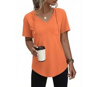 Aottori Tshirt Damen Hoodie V Ausschnitt Kurzarm Locker Oberteile Sommer Basic T-Shirt Elegant Einfarbig Stretch Drawstring Top Shirt Orange XXL