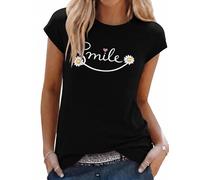 Aottori Tshirt Damen Rundhals Kurzarm Smiley Print Oberteil Sommer Locker | Top Frauen, Kappenärmel, Good Vibes Shirts, Basic, Bedruckt, Loose Fit, Bluse, Elegant Modern, Casual, Stretch, Leicht