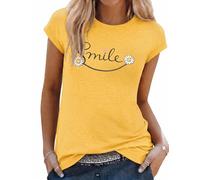 Aottori Tshirt Damen Rundhals Kurzarm Smiley Print Oberteil Sommer Locker | Top Frauen, Kappenärmel, Good Vibes Shirts, Basic, Bedruckt, Loose Fit, Bluse, Elegant Modern, Casual, Stretch, Leicht