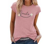 Aottori Tshirt Damen Rundhals Kurzarm Smiley Print Oberteil Sommer Locker | Top Frauen, Kappenärmel, Good Vibes Shirts, Basic, Bedruckt, Loose Fit, Bluse, Elegant Modern, Casual, Stretch, Leicht