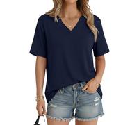 Aottori Tshirt Damen Sommer Basic Shirt Oberteile Damen V-Ausschnitt Kurzarm Einfarbig Casual Top Marine L