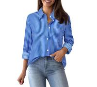 Aoudery Damen Button-Down-Shirt, Baumwolle, gestreift, langärmelig, Knopfleiste, Kragen, Büro, Arbeit, Blusen, Dunkelblaue breite Streifen, 3X-Groß