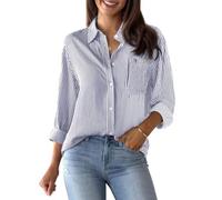 Aoudery Womens Button Down Shirts Cotton Striped Dress Shirts Long Sleeve Button Up Collared Office Work Blouses Tops