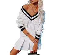 Aoudery Womens V Neck Oversized Sweaters Long Sleeve Cable Knit Pullover Striped Chunky Sweater Casual Tennis Tunic Tops