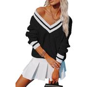 Aoudery Womens V Neck Oversized Sweaters Long Sleeve Cable Knit Pullover Striped Chunky Sweater Casual Tennis Tunic Tops