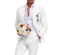 Aowdoy Beige Herren Leinenanzug 2-teilig Slim Fit Sommer Strand Hochzeit Kleid Abschlussball Party Anzug Blazer Jacke und Hose, Weiss/opulenter Garten, M