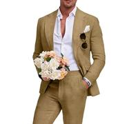 Aowdoy Beige Herren Leinenanzug 2-teilig Slim Fit Sommer Strand Hochzeit Kleid Abschlussball Party Anzug Blazer Jacke und Hose, Khaki, L