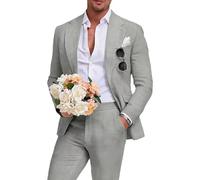 Aowdoy Herren Leinenanzug 2-teilig Slim Fit Sommer Strand Hochzeit Kleid Smoking Abschlussball Anzug Blazer Jacke und Hose, GRAU, L