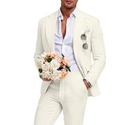 Aowdoy Leinenanzug für Herren, Slim-Fit, Sommer, Strand, Hochzeit, Kleid, Abschlussball, Party, Anzug, Blazer, Jacke und Hose, Beige, 2-teilig