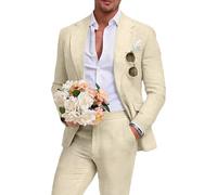 Aowdoy Leinenanzug für Herren, Slim-Fit, Sommer, Strand, Hochzeit, Kleid, Abschlussball, Party, Anzug, Blazer, Jacke und Hose, Beige, 2-teilig