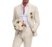 Aowdoy Leinenanzug für Herren, Slim-Fit, Sommer, Strand, Hochzeit, Kleid, Abschlussball, Party, Anzug, Blazer, Jacke und Hose, Beige, 2-teilig