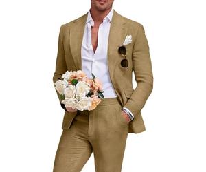 Aowdoy Leinenanzug für Herren, Slim-Fit, Sommer, Strand, Hochzeit, Kleid, Abschlussball, Party, Anzug, Blazer, Jacke und Hose, Beige, 2-teilig