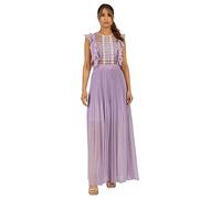 APART Damen Abendkleid, Rundhalsausschnitt Brautjungfernkleid, Georgette Rock mit Sonnenfalten, Langes Elegantes Hochzeitskleid, Florale Spitzendetails, ärmelloses Partykleid, lila