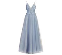 Apart Damen Langes Abendkleid, V-Ausschnitt vorne und hinten, Spaghetti-Träger Partykleid, Spitzenapplikationen, silberfarbene Perlenstickerei, mittlerer Rückenreißverschluss Hochzeitskleid, hellblau