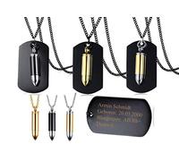 aplusashop ID Dog Tag Black + Patrone und Kette, Edelstahl mit Gravur nach Wunsch Anhänger in 3 Farben (Mit Gravur Patrone schwarz-Silber)
