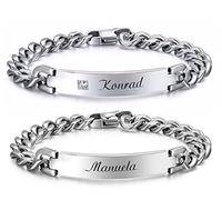 aplusashop ID Edelstahl Armband mit Strass + Gravur nach Wunsch, auch als Partnerarmbänder mit Box NEU (Silber Einzeln ohne Stein)