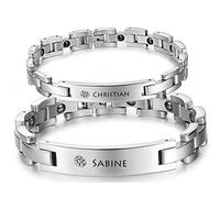 aplusashop ID Edelstahl Magnetisches Armband+Gravur nach Wunsch mit Strass Partnerarmbänder (Einzeln (1 Kleines))