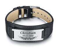 aplusashop ID Leder Armband mit Edelstahl Platte mit Gravur nach Wunsch schwarz NEU