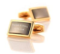 aplusashop ID Manschettenknöpfe Gold-schwarz mit Gravur nach Wunsch Edelstahl, Hochzeit mit Box (Ohne Gravur)