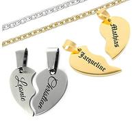 aplusashop ID Partner Anhänger geteiltes Herz + Ketten + Gravur nach Wunsch Gold oder Silber Zwei Herzteile (Silber, Onhe Gravur)