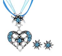 APMGONT 3 Stück Bayerisch Dirndlschmuck Set für Damen, Trachtenkette mit Strass Edelweiß Herz Anhänger Edelweiß Ohrstecker Trachtenschmuck Set für Oktoberfest Bierfest Dirndl