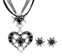 APMGONT 3 Stück Bayerisch Dirndlschmuck Set für Damen, Trachtenkette mit Strass Edelweiß Herz Anhänger Edelweiß Ohrstecker Trachtenschmuck Set für Oktoberfest Bierfest Dirndl (Schwarz)