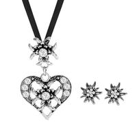APMGONT 3 Stück Bayerisch Dirndlschmuck Set für Damen, Trachtenkette mit Strass Edelweiß Herz Anhänger Edelweiß Ohrstecker Trachtenschmuck Set für Oktoberfest Bierfest Dirndl (Schwarz#2)