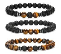 APMGONT 8 mm Perlenarmbänder Set, 3 pcs Perlenarmband Herren mit Schwarzen Lavastein, Naturstein Yoga Perlen Elastische Armbänder Verstellbares Herren Armbänder Set Geschenke für Männer (Tigerauge)
